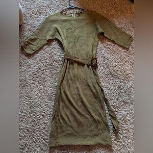 Massimo Dutti Olive Textured Belted Midi Dress – Size S (Made in Romania)